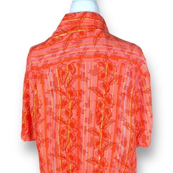 Vintage Rayon Shirt Red Floral Hawaiian Printed Vertical Striped Short Sleeve - Picture 6 of 9